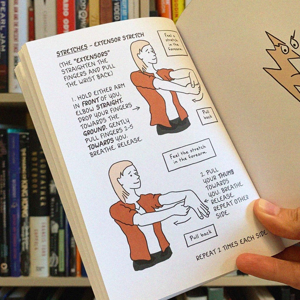 This image from author/illustrator Kriota Willberg’s book 'Draw Stronger' provides an example of finger and wrist stretches.