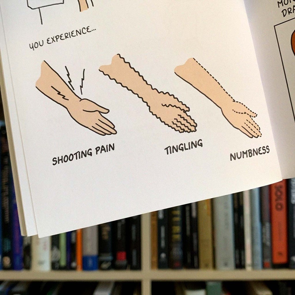 This image from author/illustrator Kriota Willberg’s book 'Draw Stronger' shows illustrations of different types of hand and wrist pain.