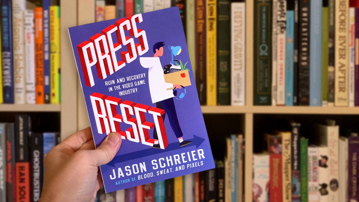 The cover of games journalist Jason Schreier's book titled 'Press Reset: Ruin & Recovery In The Video Games Industry' features a cartoon employee of a game studio. He walks out with a box of his stuff after having just been fired.