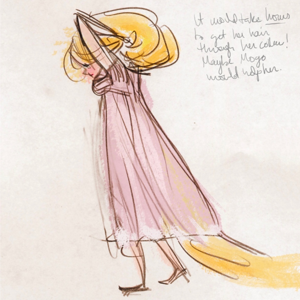 This sketch by Claire Keane shows Rupunzel struggling to get all of her hair through the collar of her dress.