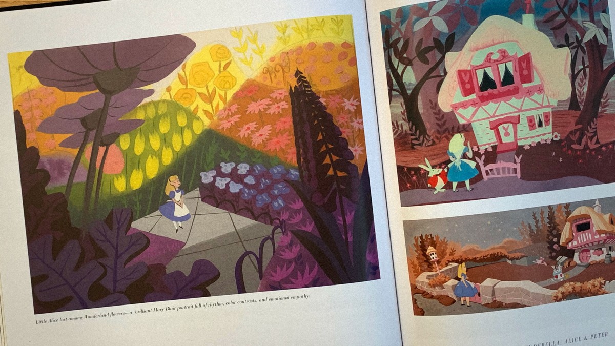A double page spread from John Canemaker's book 'The Art And Flair Of Mary Blair' showing vivid concept art from ‘Alice In Wonderland’. One side shows Alice lost among the colorful flowers of Wonderland, the other depicting the challenge of converting Mary Blair’s flat style into a more dimensional environment.