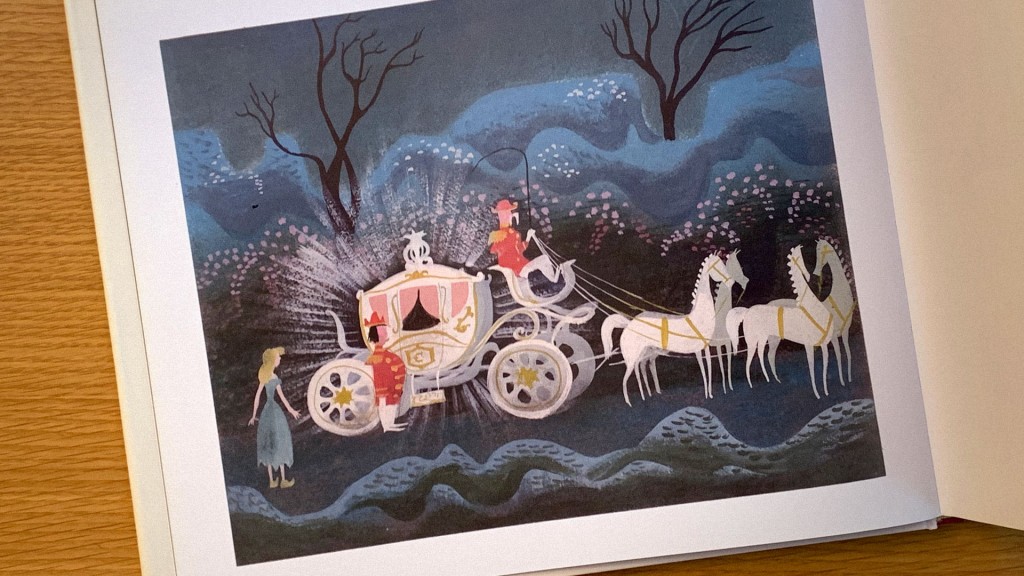 A painting by Mary Blair depicting Cinderella as she stands in rags in front of the magical chariot that will take her to the ball. The painting is featured in 'They Drew As They Pleased, Vol 4' by Didier Ghez.