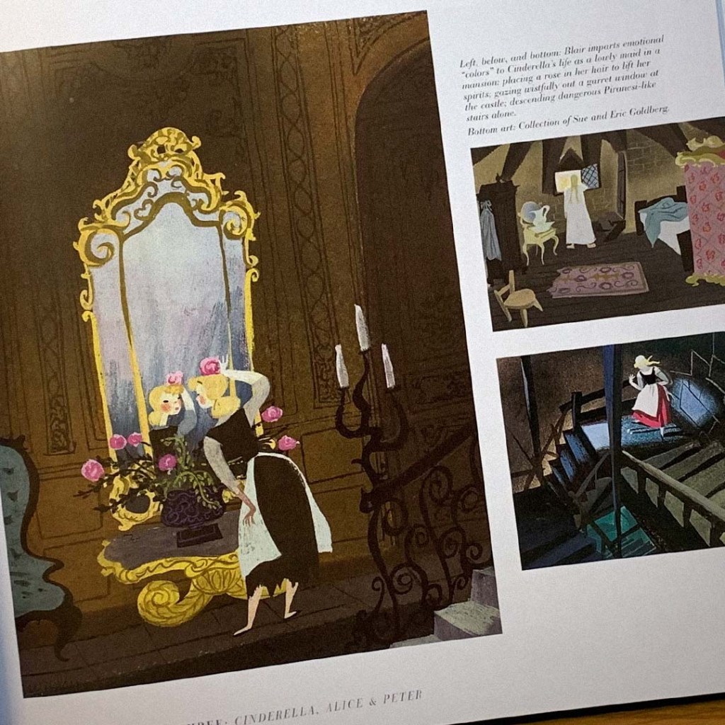 John Canemaker's book 'The Art And Flair Of Mary Blair' features several of Mary Blair’s paintings of ‘Cinderella.’ One shows her playing with a rose in her hair and inspecting herself in an opulent mirror, another has her gazing at the castle from her shabby bedroom window, while a third portrays her descending a dark flight of stairs.