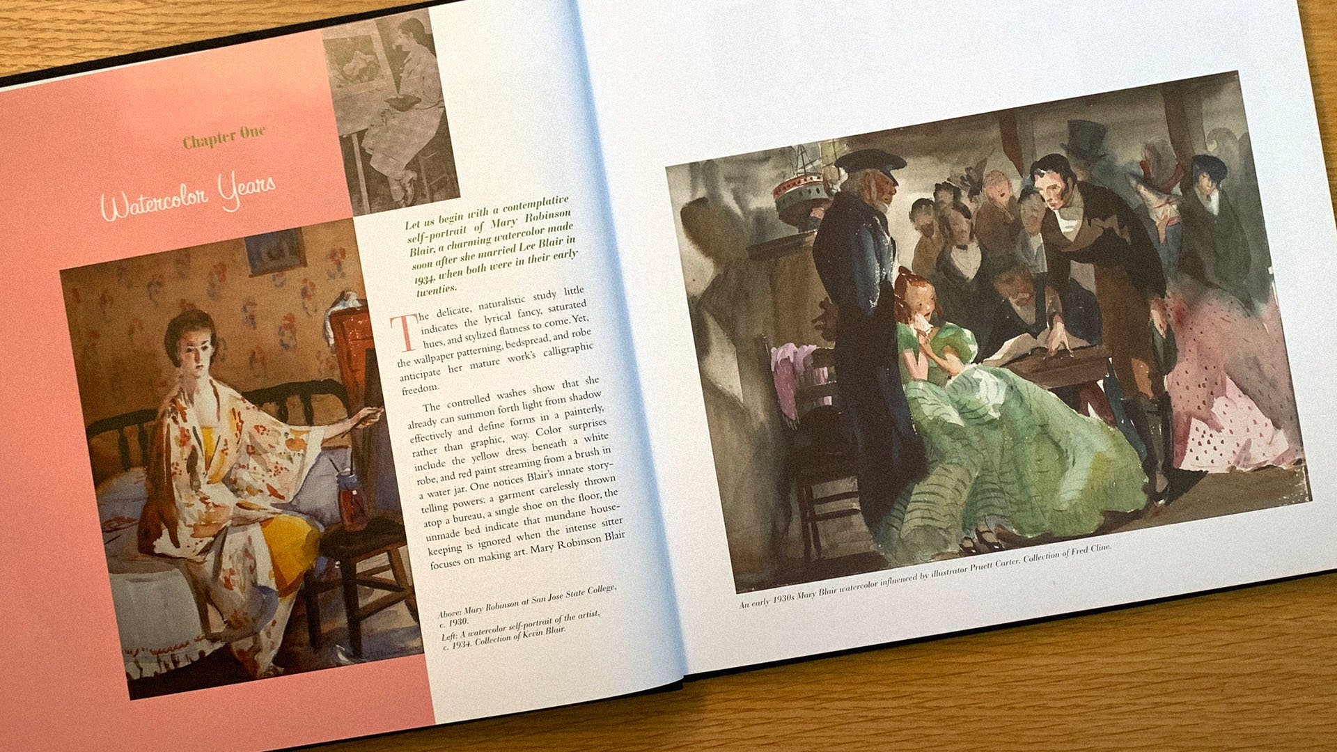 This double page spread from John Canemaker's book 'The Art And Flair Of Mary Blair' features a photo of young Mary Blair and two of her early watercolor paintings. One is a self-portrait of Mary working at her easel, the other an illustration inspired by Pruett Carter of a girl in a bright green dress seated at a table and faced with a crowd.