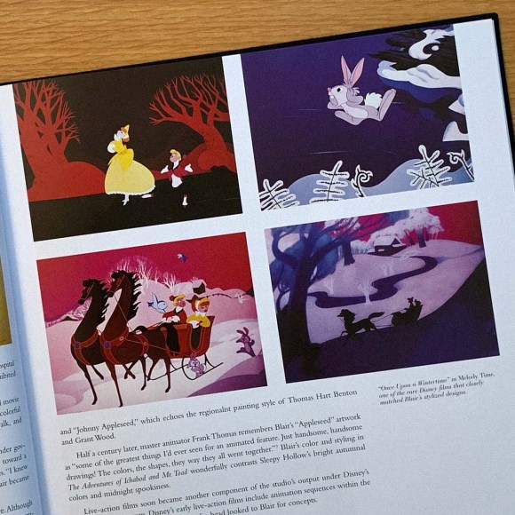 John Canemaker's 'The Art And Flair Of Mary Blair' features several stills from the short film ‘Once Upon A Wintertime’ that closely matches Mary Blair’s art style. One of the stills portrays Jenny being upset with Joe as they’re ice-skating across a frozen lake, another illustrates a rabbit spotting danger. A third still shows the human characters on a sleigh ride, and a fourth casts the sleigh ride in silhouette.