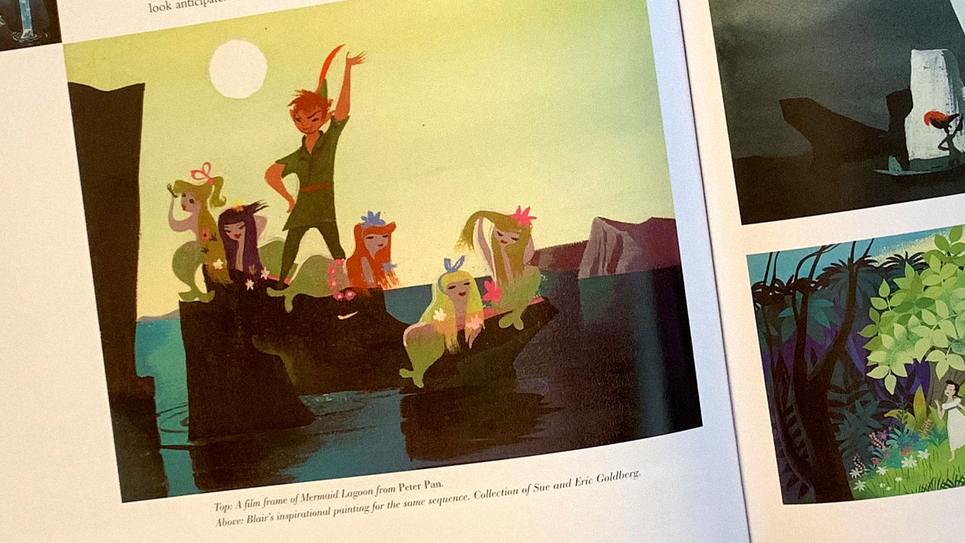 Here we see an inspirational painting by Disney artist Mary Blair that shows Peter Pan on a rock surrounded by mermaids. The image is printed in 'The Art And Flair Of Mary Blair' by John Canemaker.