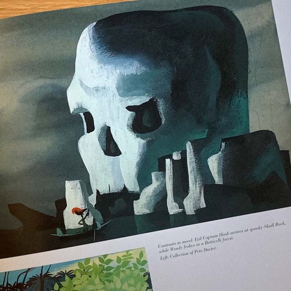This painting by Mary Blair illustrates Captain Hook arriving in a rowboat at Skull Rock. The image is featured in 'The Art And Flair Of Mary Blair' by John Canemaker.