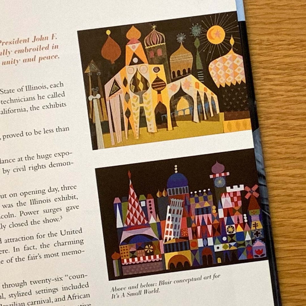 This image shows Mary Blair’s conceptual art of abstract buildings and cityscapes that she did for ‘It’s A Small World.’ The art is taken from 'The Art And Flair Of Mary Blair' by John Canemaker.