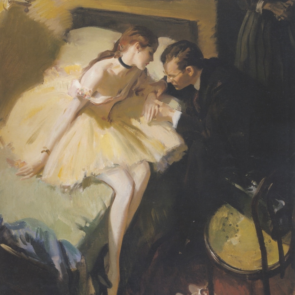 Pruett Carter’s painting ‘Doctor And Ballerina’ portrays a ballerina draped across her bed in full attire with a doctor leaning in to examine her wrist. This illustration appeared in McCall's Magazine.