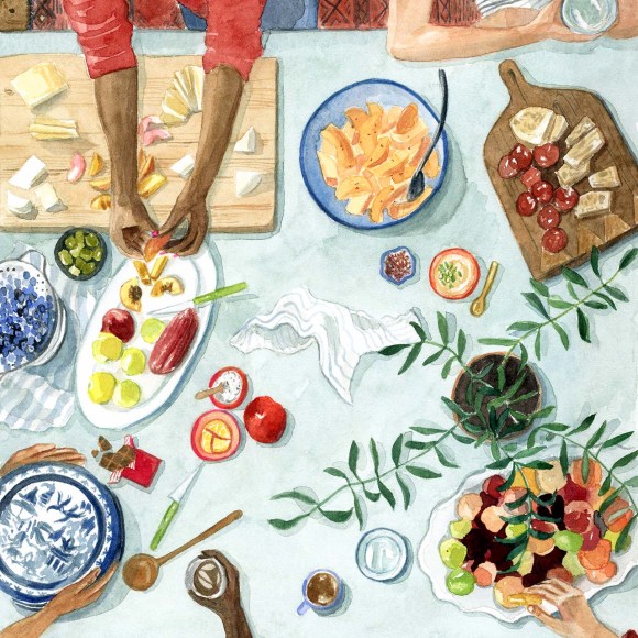 ‘Why We Cook’ by author/illustrator Lindsay Gardner is a collection of women’s stories told through food and cooking. In this image we see a full kitchen table and the hands of several women reaching into the frame to arrange dishes, cut food, and hold onto drinks.