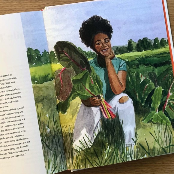 This watercolor illustration from author/ illustrator Lindsay Gardner's ‘Why We Cook’ shows activist Haile Thomas crouching in a field, smiling, and holding a bundle of freshly harvested greens.