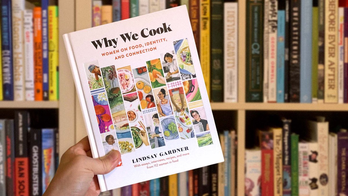 The cover of author/ illustrator Lindsay Gardner's book titled 'Why We Cook: Women On Food, Identity, And Connection' features details of several watercolor illustrations, depicting food, ingredients and women in and out of the kitchen.