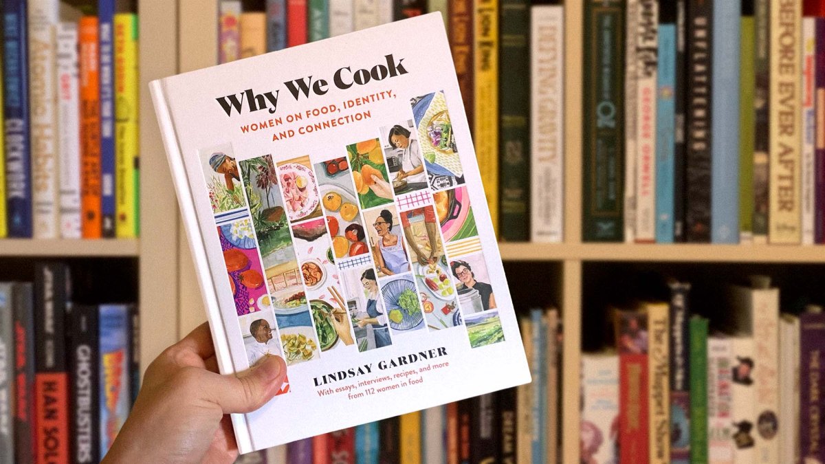 The cover of author/ illustrator Lindsay Gardner's book titled 'Why We Cook: Women On Food, Identity, And Connection' features details of several watercolor illustrations, depicting food, ingredients and women in and out of the kitchen.
