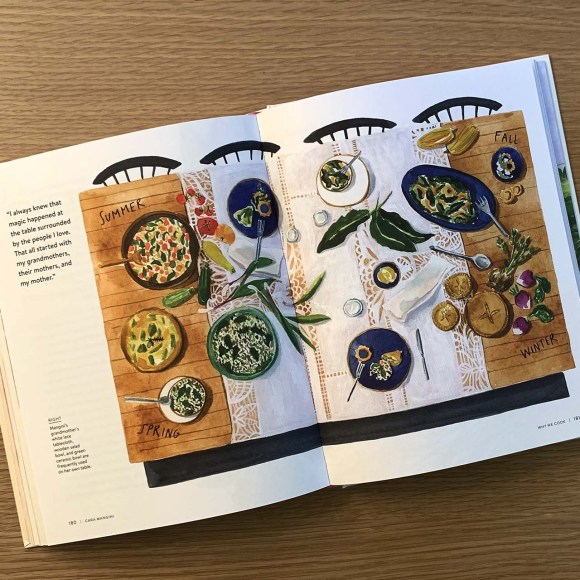 Here, we see a watercolor illustration of seasonal meals arranged in a circle on a wooden dining table as printed in ‘Why We Cook’ by author/illustrator Lindsay Gardner.