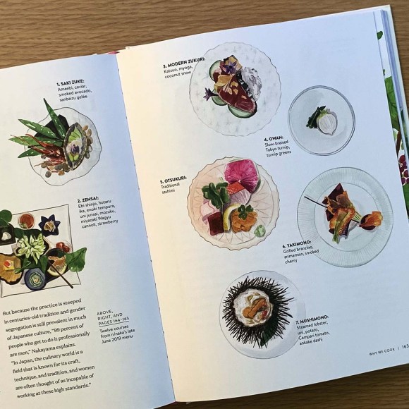 This image features several Japanese dishes, beautifully arranged in vignettes, and painted in watercolor by ‘Why We Cook’ author/ illustrator Lindsay Gardner.