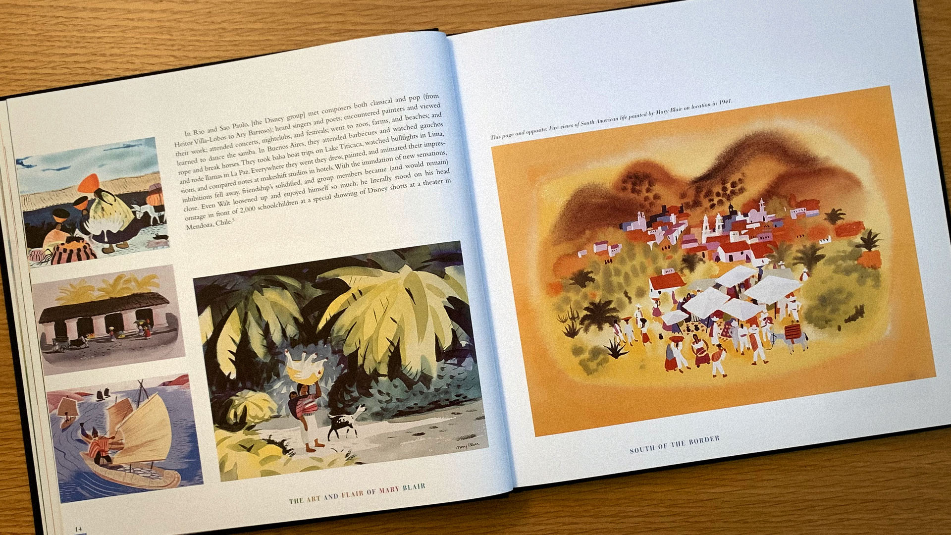 A double page spread depicting different scenes of life painted by Disney artist Mary Blair on location in South America in 1941: groups of women in town, a procession of small sailing boats traveling along a river, a pregnant woman carrying a child on her back and a basket filled with geese on her head as she walks through dense vegetation with a goat by her side, a village surrounded by mountains. The pages are taken from John Canemaker's book 'The Art And Flair Of Mary Blair.'