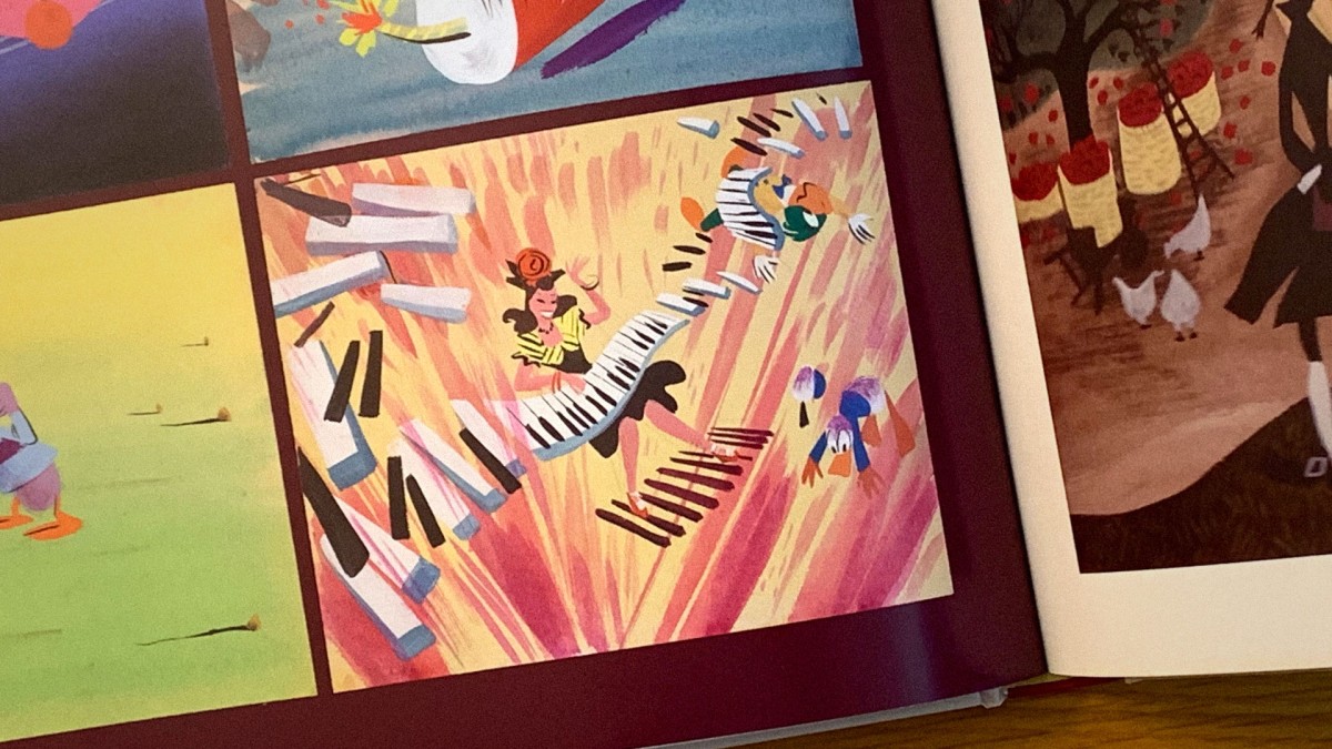 This page from 'They Drew As They Pleased, Vol 4' by Didier Ghez shows Mary Blair's colorful and surrealist concept art of 'The Three Caballeros.'