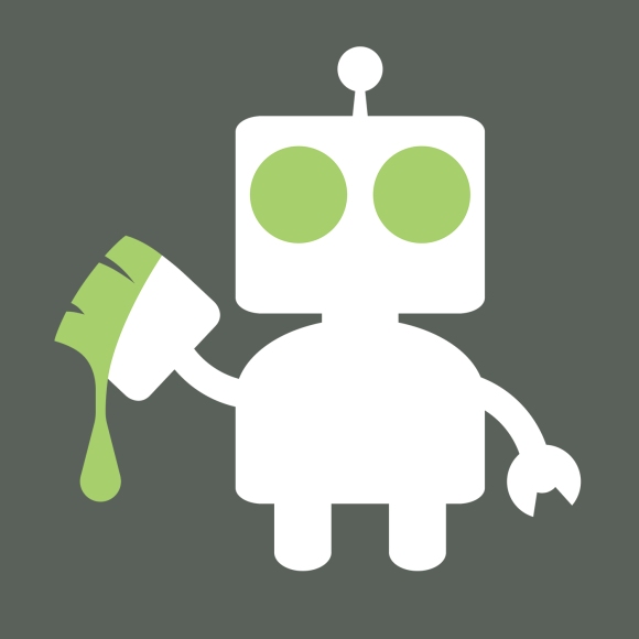 The podcast album art for Chris Oatley’s ArtCast, showing a small white robot with green eyes holding up a paintbrush that is dripping with green paint in front of a flat grey background.