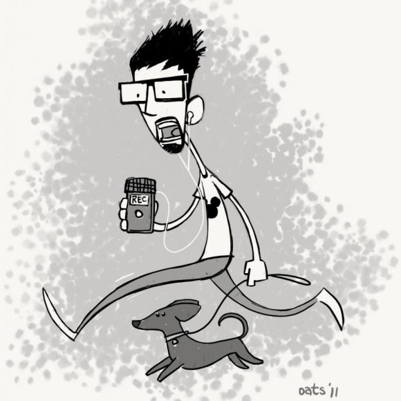 A digital illustration by Chris Oatley, showing a cartoony version of himself as he records an ArtCast episode with a portable mic while walking his dog.