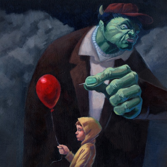An illustration by Chris Oatley done in acrylics as part of his graduate studies at the Columbus College Of Art And Design in his senior year ca. 2001. Underneath a stormy sky, a young child in a yellow raincoat holds a red balloon by a string. He doesn’t see the large green monster in a trench coat that is towering over him and holding up a needle just waiting to burst the balloon.
