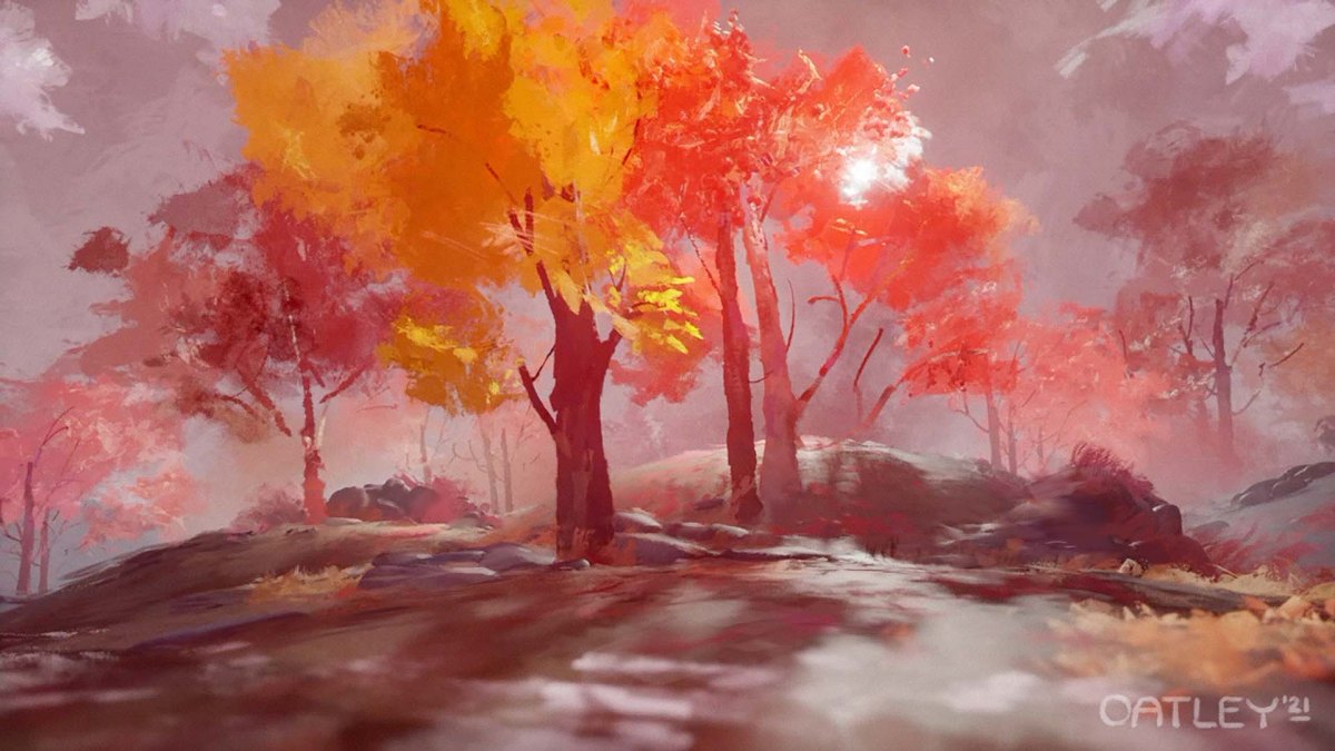 A digital painting by Chris Oatley called ‘Holding On To Hope.’ It was modelled in Dreams and painted in Photoshop, showing a grouping of stylized trees as part of a rolling landscape underneath a hazy sky. The sun peaks through the foliage, casting long shadows on the ground. It is done in reds, pinks and oranges.