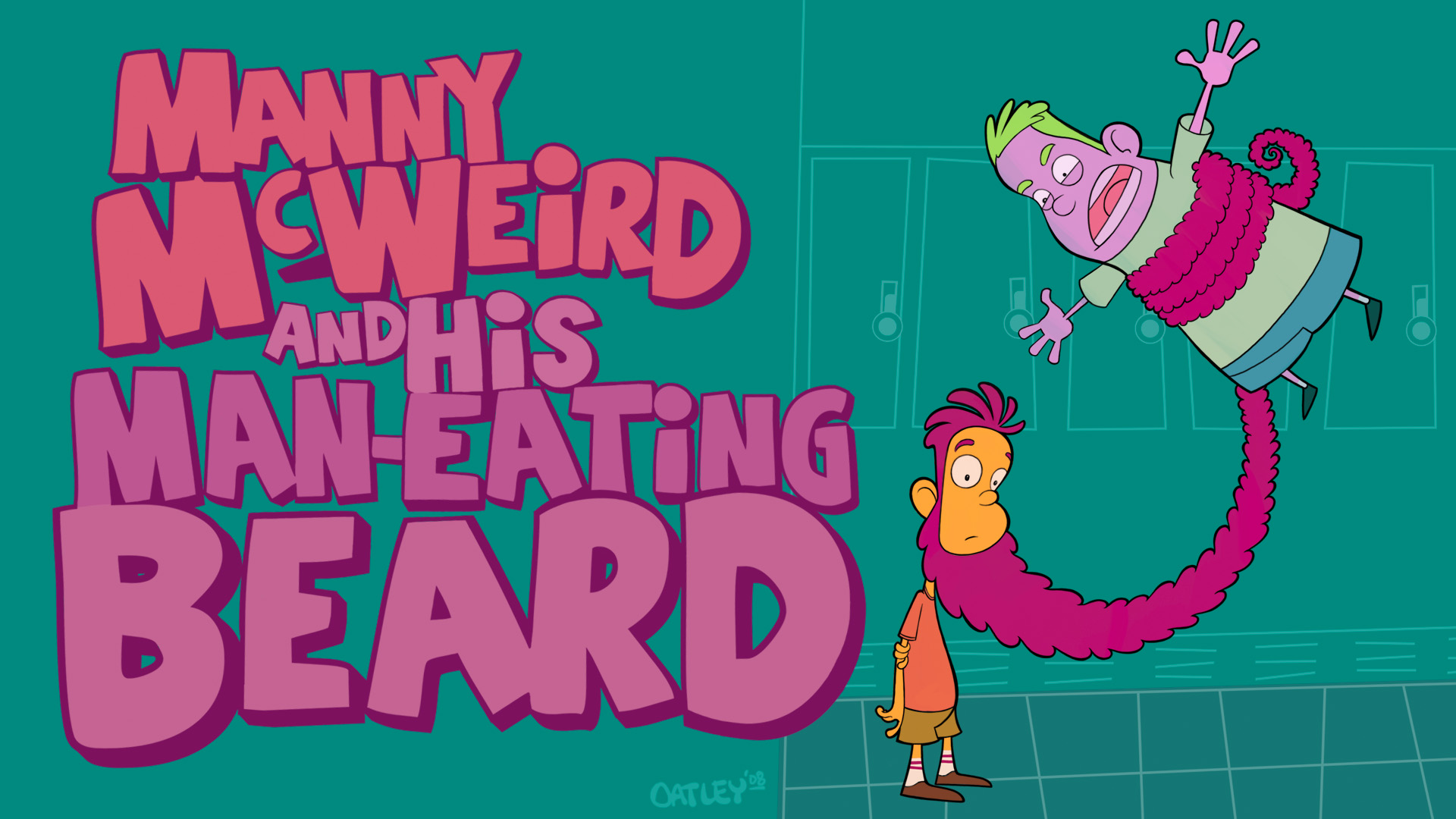 A digital cover illustration by Chris Oatley for a TV Pitch called ‘Manny McWeird And His Man-Eating Beard.’ It shows Manny with his extremely long beard wrapped around another character, holding him up in the air above Manny’s head.