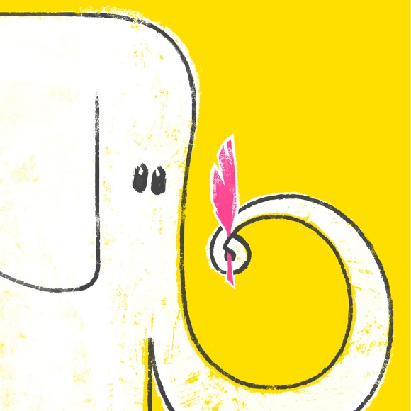 Chris Oatley’s digital illustration of the Room 2 mascot: a white elephant holding up a pink quill in front of a flat yellow background.
