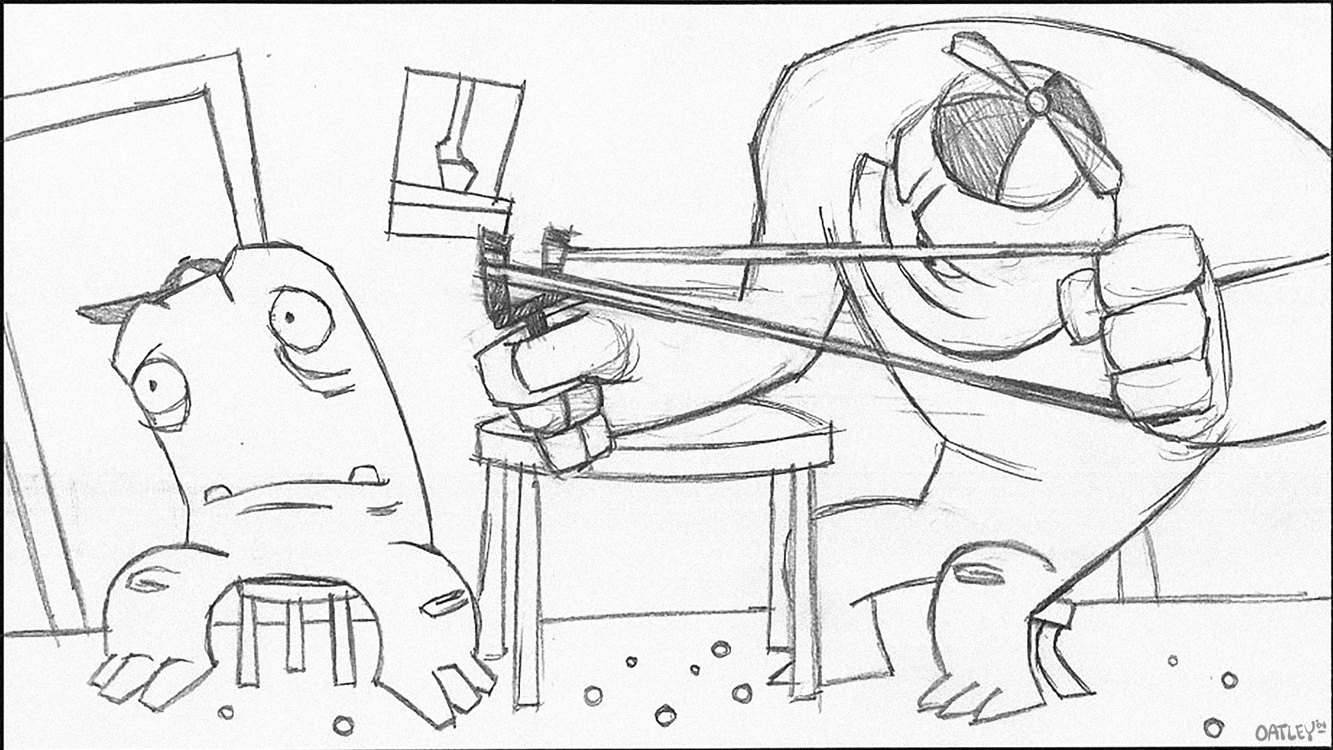A storyboard panel done in pencil for Chris Oatley’s MFA project, showing two young monster characters sitting inside the house, one of which is aiming a slingshot at the other across the table. The floor is littered with marbles, implying numerous previous attempts.