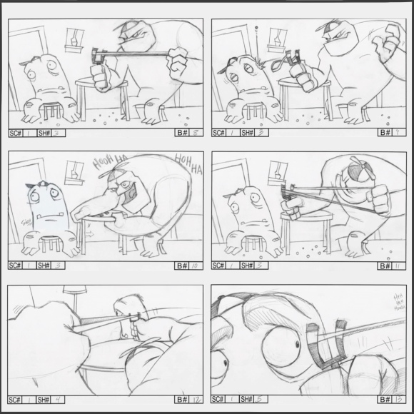 A storyboard sequence done in pencil for Chris Oatley’s MFA project, showing two young monster characters sitting inside the house, one of which is shooting marbles at the other monster with a slingshot. The floor is littered with marbles, implying numerous previous attempts.