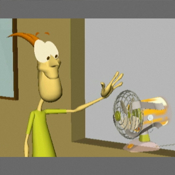 A frame from Chris Oatley’s MFA project: an animated short called ‘Stay Cool.’ It shows the character model appreciating the cool air coming from the fan on a hot summer day.