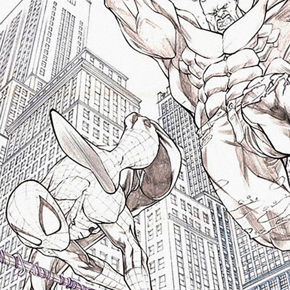 A cropped drawing by Justin Copeland, featuring Spider-Man swinging through the streets of New York City with an enraged Hulk jumping after him.