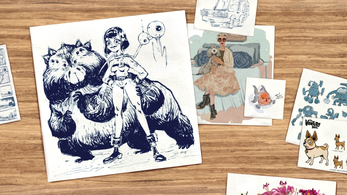 The cover image shows several of Kendra Melton’s art pieces in various sizes scattered across a wooden table. The biggest image is a sketch of a female space cadet with a flying robot friend and a huge tardigrade-like alien by her side. Other images show character designs of Buddy the Chihuahua from Venture Bros, a painting sketch of an old lady with her poodle, as well as doodles of a goldfish barking like a dog, several robot helpers, and a safari travel van.