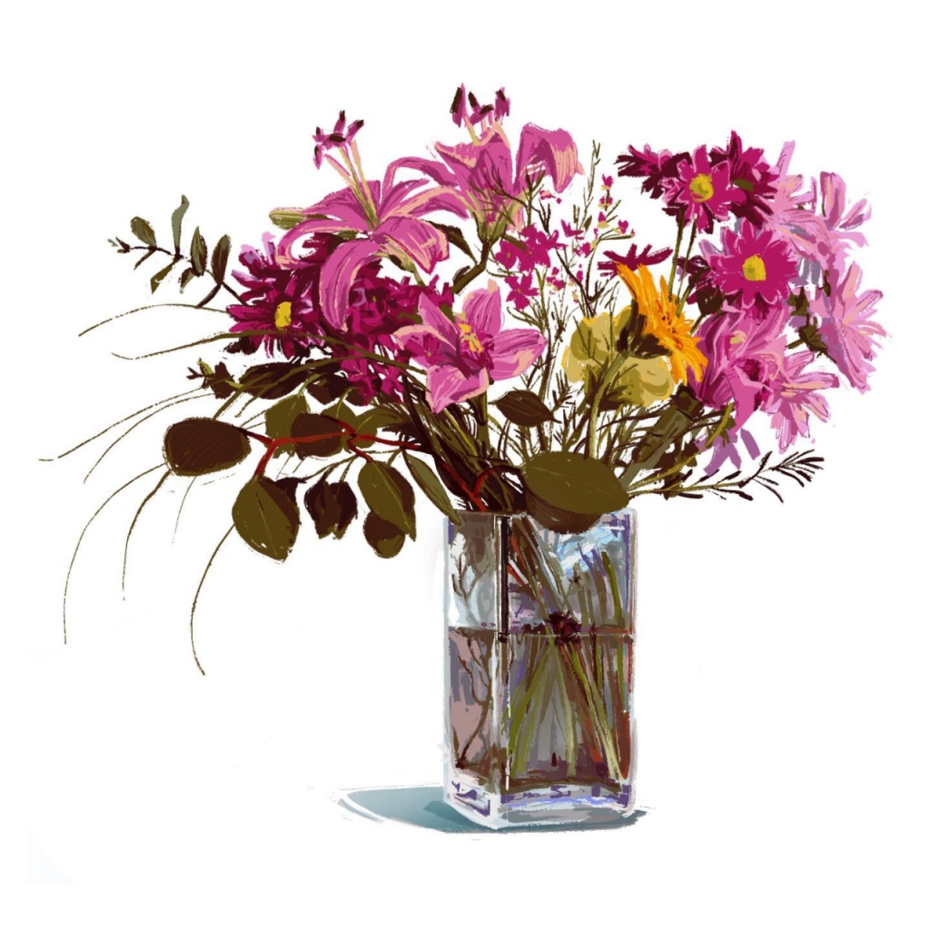 A painting study by Kendra Melton, showing a flower arrangement in a square glass vase filled with water. The flowers are mostly done in shades of pink and the foliage in warm dark browns and olive greens.