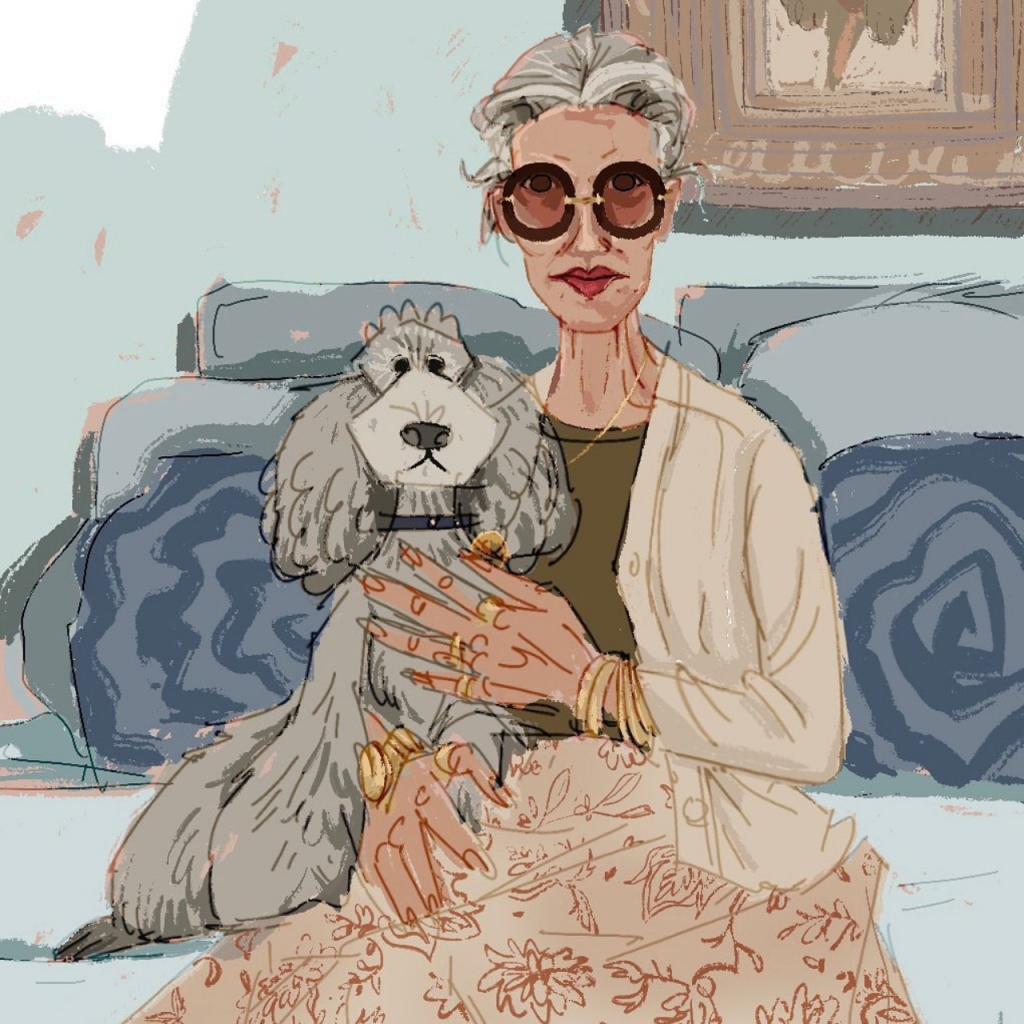 A painting sketch by Kendra Melton, showing an old lady sitting on what looks to be a bed with many gray and blue pillows. Pressed against her side is her gray poodle and both of them are staring directly at the viewer. The woman wears large round, dark glasses, and several pieces of golden jewelry on her bony fingers and wrists.
