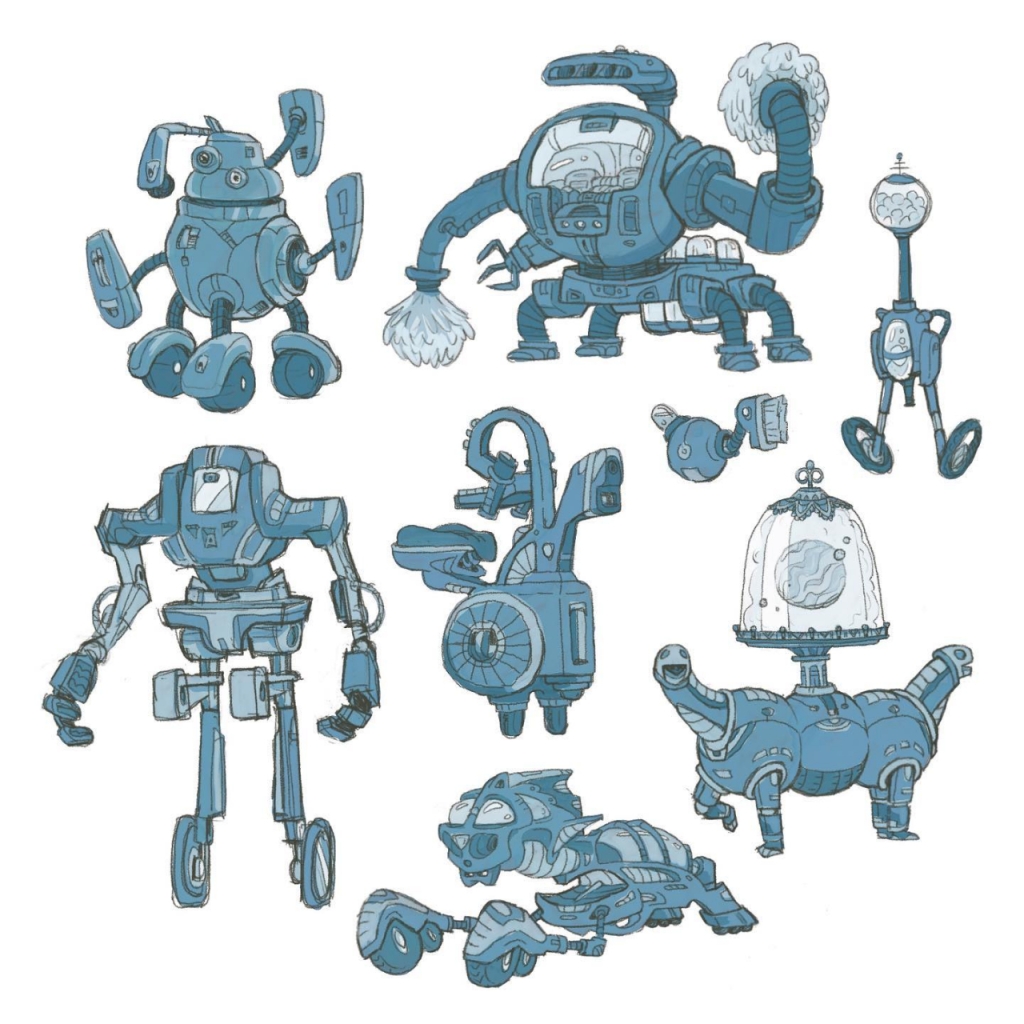 This image shows eight different robot helper designs by character designer Kendra Melton.