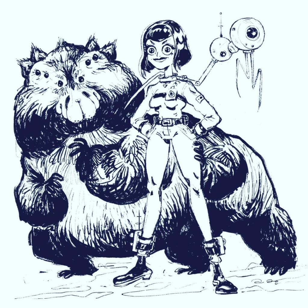 A sketch by character designer Kendra Melton of a female space cadet with a flying robot friend and a huge tardigrade-like alien by her side.