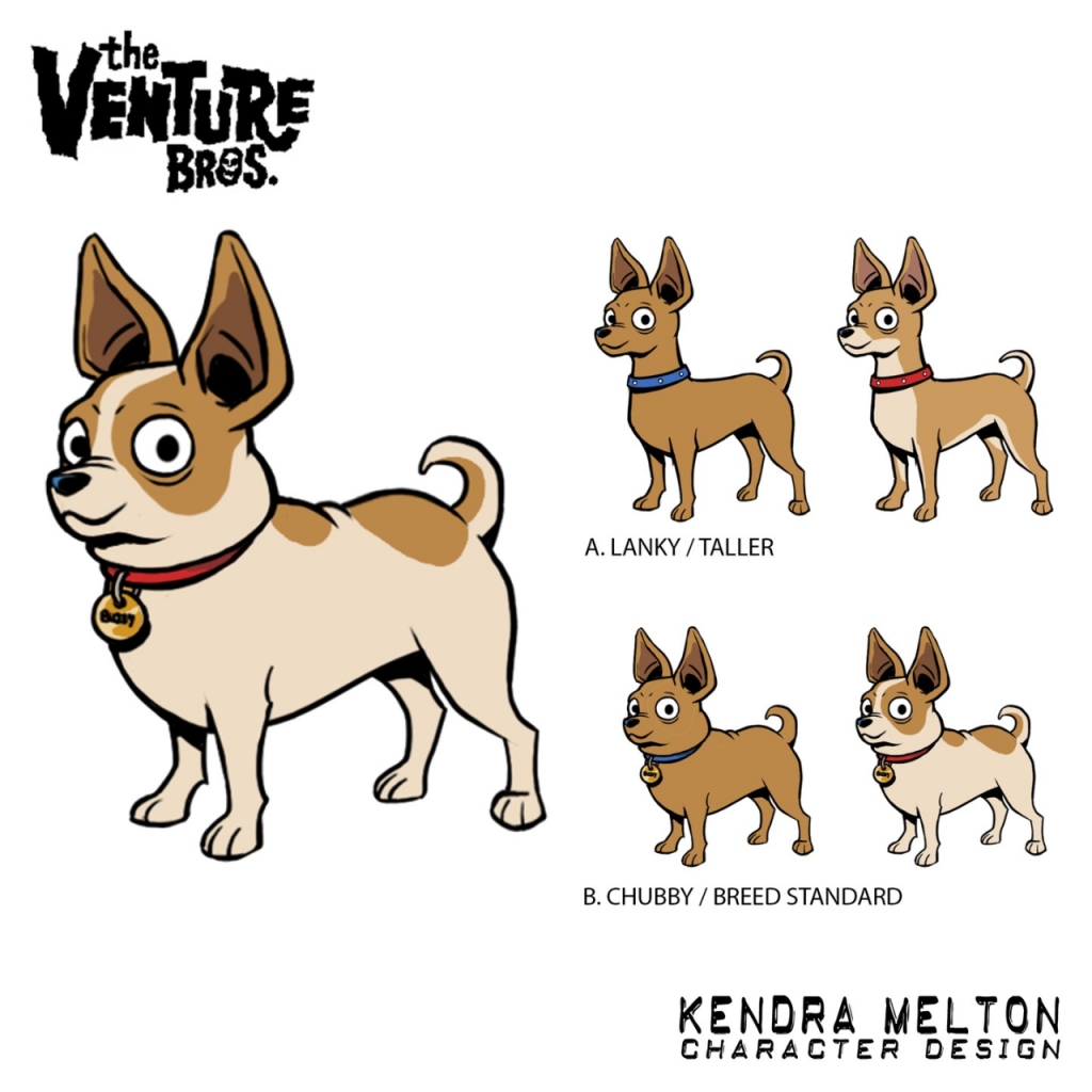 Kendra Melton’s character designs of Buddy the Chihuahua from Venture Bros, ranging from lanky to chubby, with large perky ears, and either red or blue collars around his neck.