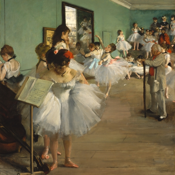 The 1874 oil painting "The Dance Class“ by French Impressionist Edgar Degas depicts a ballet class supervised by famous ballet master Jules Perrot.