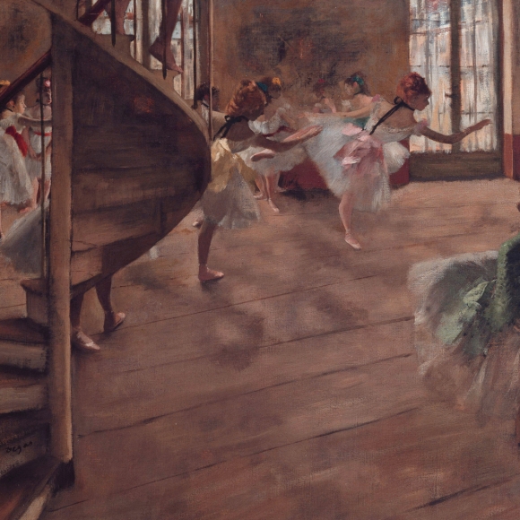 A detail of French Impressionist Edgar Degas oil painting “The Rehearsal” shows several ballerinas rehearsing for a recital, painted in warm reddish browns.