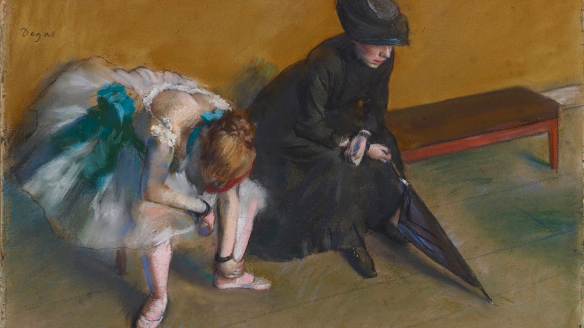 "Waiting" is a pastel painting by French Impressionist Edgar Degas and shows a young ballerina sitting bent over on a bench, holding her ankle, while a woman dressed in black sits next to her, black umbrella in hand.