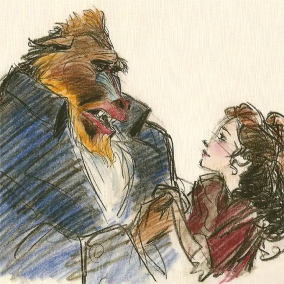 An exploratory sketch by Glen Keane for Disney’s "Beauty and the Beast," depicting the Beast tenderly holding Belle’s hand. In this early design, he looks like a mandrill.