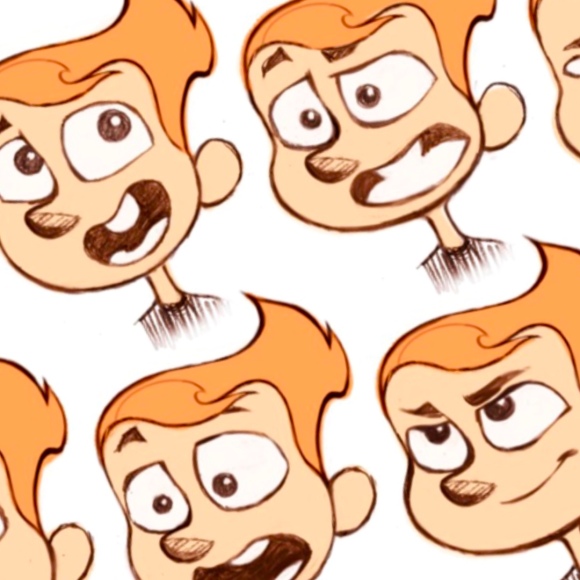A character design of a boy with a goofy face and orange hair that explores different facial expressions by Chris Oatley for Disney’s “Firebuds.”