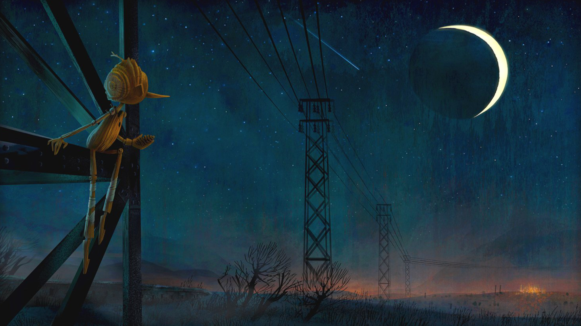 This VisDev painting by Jenn Ely for Guillermo del Toro’s Pinocchio depicts the titular character sitting on the metal bars of a transmission tower and staring longingly at a distant city, which is nothing more than a small orange spec underneath a vast starry sky.