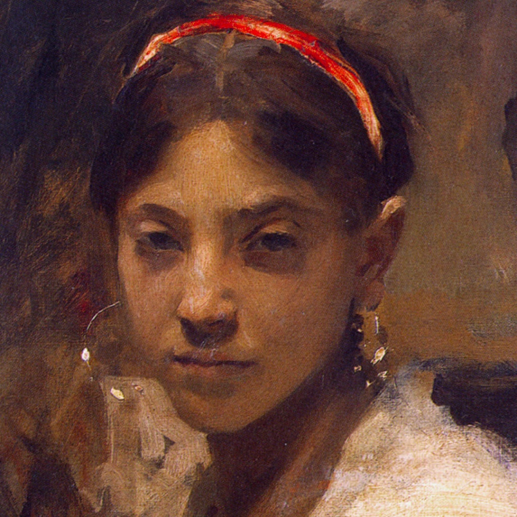 Detail image of John Singer Sargent's portrait of a Capri Girl which shows loose, suggestive brush strokes minimally indicating a mass of dark hair pulled back in a headband. Big, shiny, hoop earrings are indicated only by their specularity. 