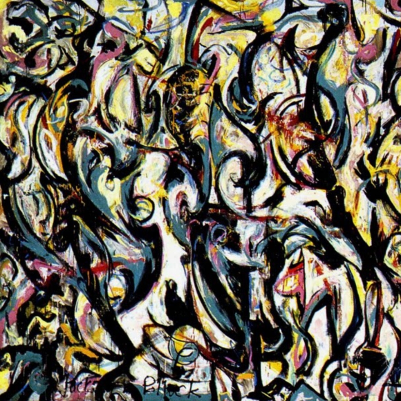 A photo of Jackson Pollock’s roughly 20-foot abstract painting titled “Mural,” showing broad swirls of color that defy an easy interpretation.
