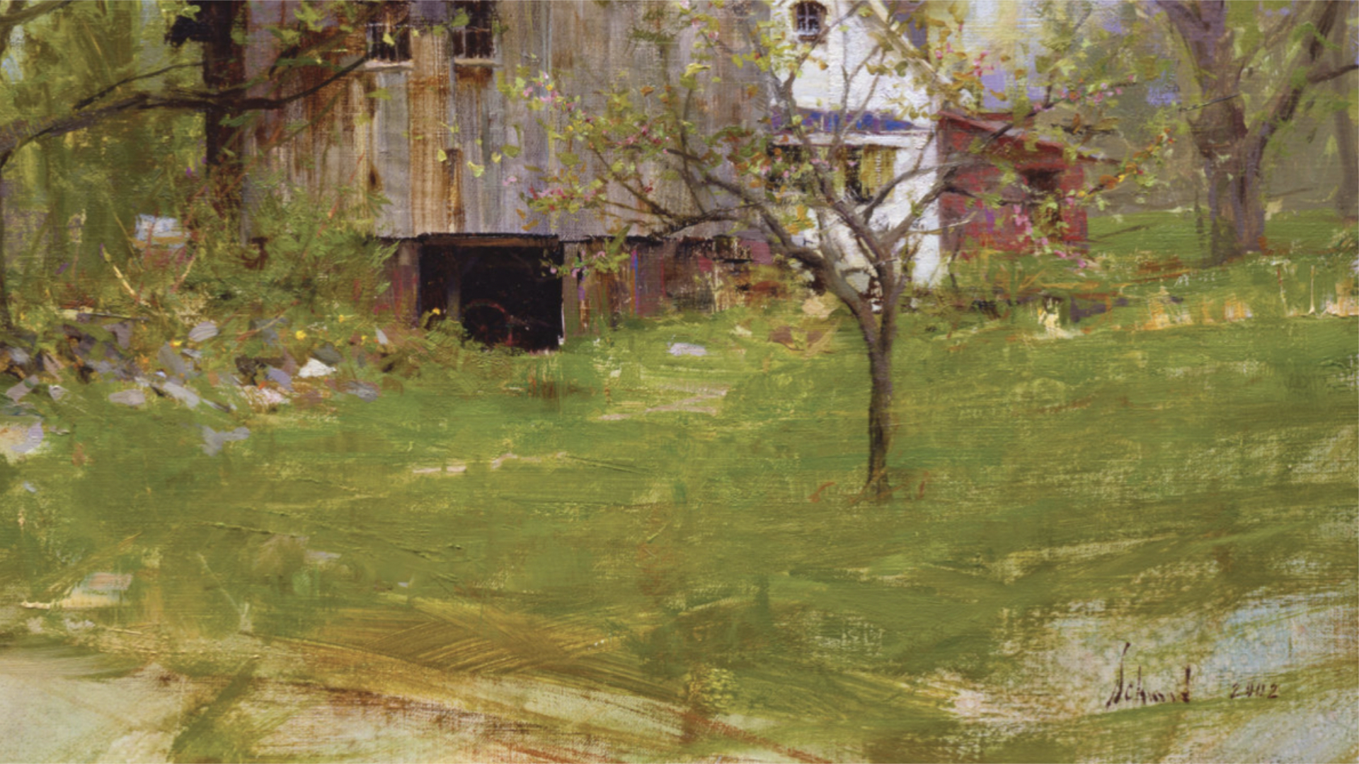 Richard Schmid’s alla prima painting “Apple Blossoms” shows a fragile apple tree in front of a massive barn and adjacent farmhouse.