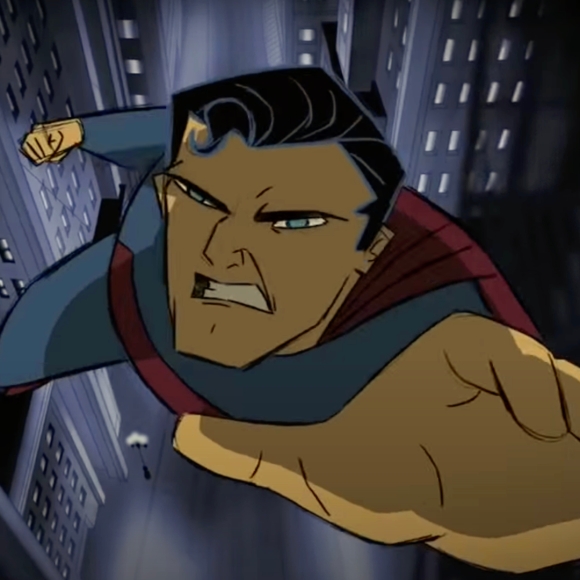 A screen shot from Robb Pratt’s Superman short film animation, showing the character as he flies straight at the camera ready to punch somebody, with the city’s streets below as a backdrop.