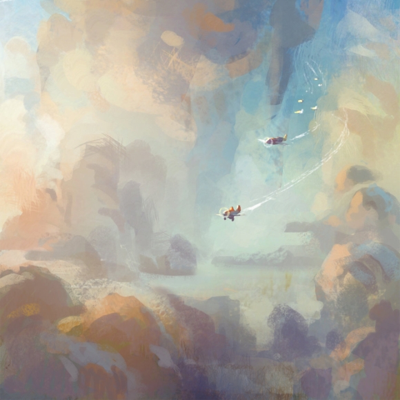 A concept art piece by Disney art director Ryan Carlson for the movie Planes, depicting two tiny planes sailing through billowing clouds painted in blues and oranges.