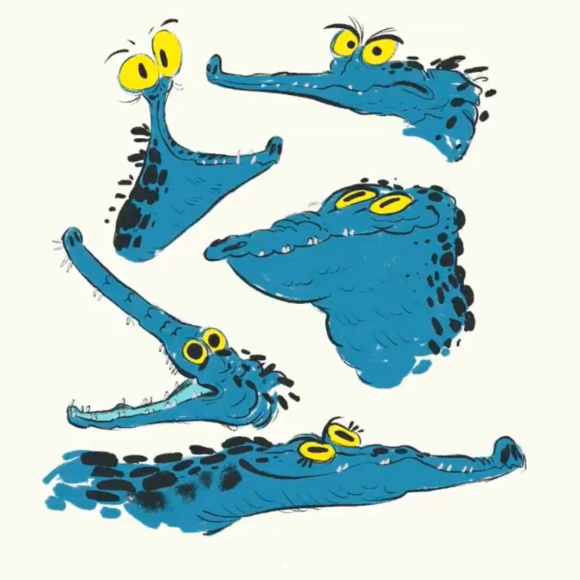 Several sketches of a blue alligator with yellow eyes that explore silly facial expressions, drawn by character designer Stephanie Rizo.