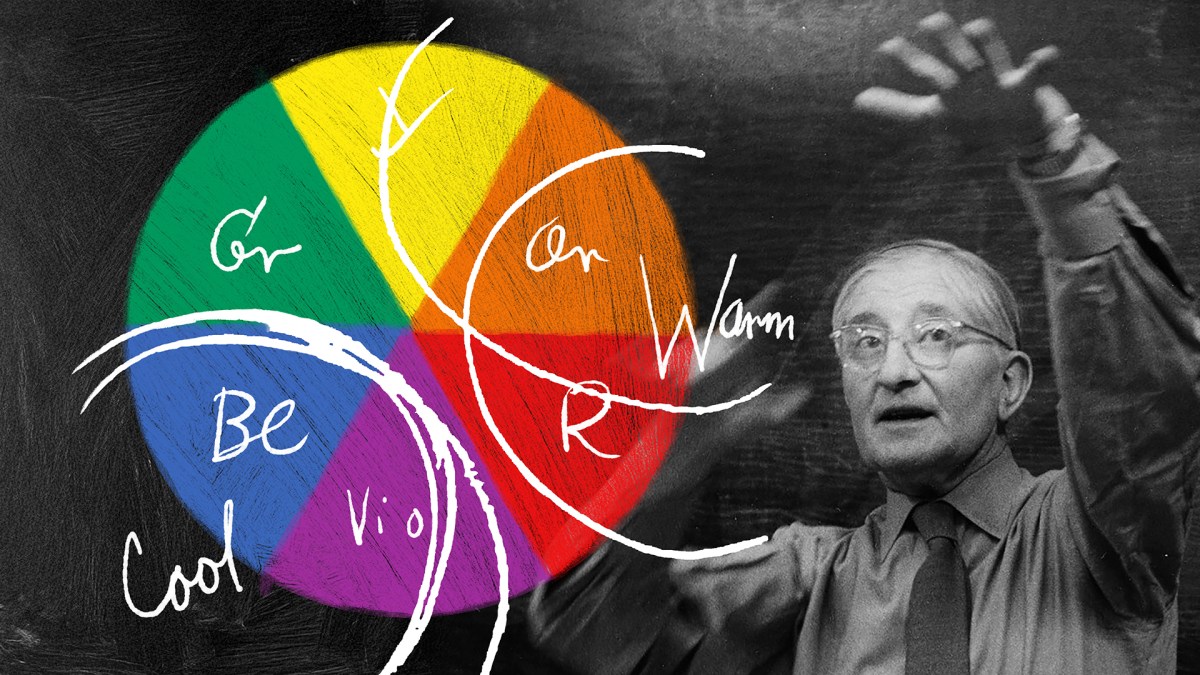 Josef Albers lecturing passionately in front of a chalkboard. His hand-written notations about color temperature are overlaid.